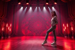 modern stage with dark red theme artistic decoration , color full dynamic lighting, a beautiful lady in pants and blouse with shining silver jewels sport shoes idle pose, 3D recursive fractal structure animating background