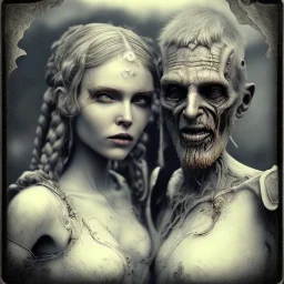 old viking with his zombie wife, scary, steam punk, realistic, made in octane, cinematic, ultra-realistic, extremely detailed octane rendering, 8K, VRAY Super Real ar 2:3, dof photorealistic futuristic 50mm lens hard lighting dark gray tintype photograph, realistic lighting, sepia color