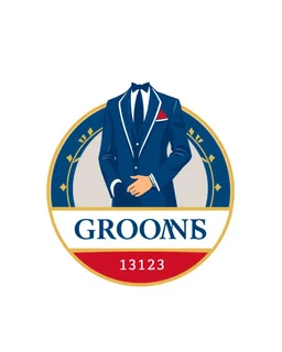 A circular logo with a vector of a groom in a formal suit at the top of the logo in a blue, red, white, gold, and silver color theme.
