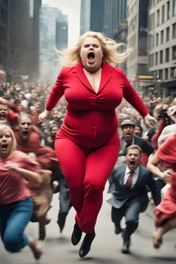 an obese terrified blonde woman in a red pant suit desperately running away from an angry mob of hundreds of people chasing her from a city block behind