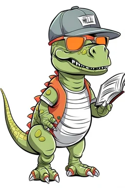 a cartoon dinosaur wearing a baseball cap and sunglasses, HOLDING ARE WRRITTEN BELO READ