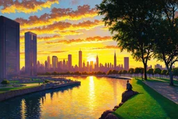 sunset, buildings, lake, rocks, city, park, trees, cyberpunk, sci-fi, claude monet impressionism paintings