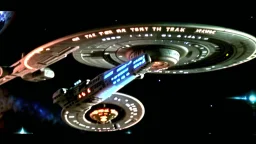 a screen capture from a star trek movie of a battle-damaged starship enterprise IN the year 2380 IS IN A BATTLE with monster ufos sci-fi meticulous, highly-polished, photorealistic, studio production, intricately detailed, GALACTIC, directed by gene Roddenberry,