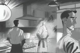 black and white storyboard, wide, on the Foreground there is a man in profile close to the camera and in the background, 3 chefs, scattered throughout the kitchen cooking, frying, cutting