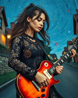 "Midnight Serenade unique" low view angle shot down village road , large close up a beautiful young woman wearing a cool black rock style and holding a guitar, granite terrazzo motifs with puzzle modern clothing is decorated with colorful filigree abstract, Collage chutes papiers magazines,Spirograph background by Nisa Kiley, Textile Artist