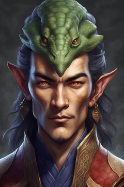 Generate a dungeons and dragons character portrait of the face of a handsome male yuan-ti pureblood wizard. His reptilian characteristics are enhanced. He has snake like eyes.