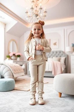 a 6 years old girl in modern clothing and makeup standing pose with cute and joy with pertty shoes in a very large luxury baby bedroom