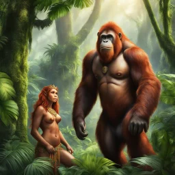 Two characters in the heart of the rainforest: the majestic female orangutang Queen, half woman, half monkey. Her fiery auburn hair and her diadem shimmered in the light while her wise amber eyes met her muscular bodyguard gaze with a mixture of curiosity and wisdom. The Queen exuded an aura of grace and command.