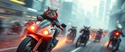 hi speed arch rocket ship on leaning scooter in a swing, coated cat captain in high speed pursuit among neon rat cyber soldiers, with background motion blur