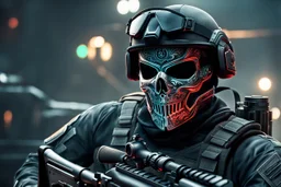 Ghost Soldier with skull mask in 8k realistic cgi drawing style, call of duty them, close picture, neon, intricate details, highly detailed, high details, detailed portrait, masterpiece,ultra detailed, ultra quality