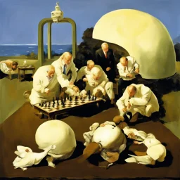 Putin, President Xi Of China And Joe Biden Play Chess With A Pigeon,Ufo And Atomic Bomb Mushroom Cloud,Complex Surgical Instruments Intermixed With A Newborn Boy,Minimalism,Painting By Adrian Ghenie,Rene Magritte,Pablo Picasso,Michelangelo,Salvador Dali,Lucian Freud