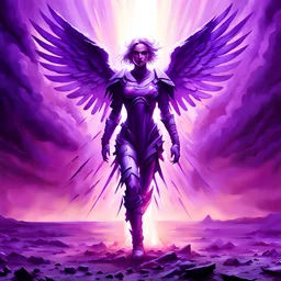 Totalitarian brutalist angel in purple coveralls uniform descends from aura of light in war torn wasteland