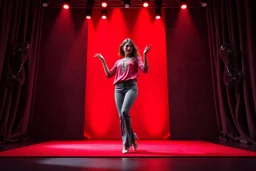 modern stage with gray-dark red theme artistic decoration , color full dynamic lighting, a beautiful lady in pants and blouse with shining silver jewels dancing, 3D recursive fractal structure animating background