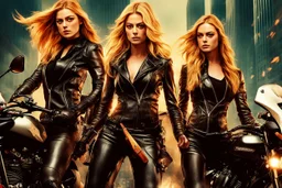 Poster for an action film called "The Motorbike Girls" starring Katherine McNamara, Margot Robbie and Georgia Henshaw wearing tight leather catsuits.