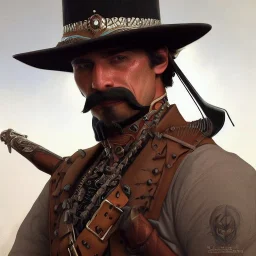 portrait,"Insanely detailed photograph of a male western mustachioed crossbowman", detailed charro and Sombrero, digital painting,eye patch, cigar, artstation, concept art, sharp focus, illustration, art by artgerm and greg rutkowski and alphonse mucha, 8 k,fantasy, unreal engine