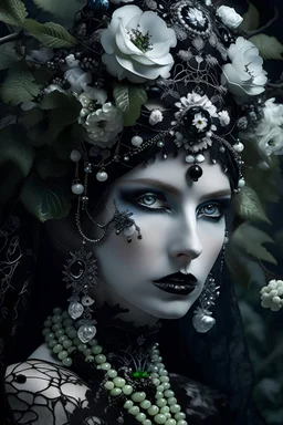 Beautiful vantab woman portrait, adorned with black appleflower Appleleaves decadent style raindrops covered black Apples appleleaves and flowers headress ribbed with blcack and white opal mineral stones , wearing Applefloral decadent gothic apple floral embossed lace effected half face masque, wearing Appleflower and leaves embossed floral beautiful white gothica appleleaves ornate costume organic bio spinal ribbed detail of gothica dark decadent style beautiful Apple tree garden extremely deta