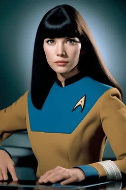 full color Portrait of 18-year-old prude Lenna Nimoy, with long, straight black hair, the bangs cut straight across the forehead, wearing blue star trek uniform - well-lit, UHD, 1080p, professional quality, 35mm photograph by Scott Kendall