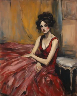 painting of a woman sitting on a bed, inspired by Giovanni Boldini, art style by B Eugene Ellison, Heather, art brut, Dystopian contemporary art