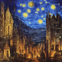 gothic painting of a victorian city in a fantasy starry night