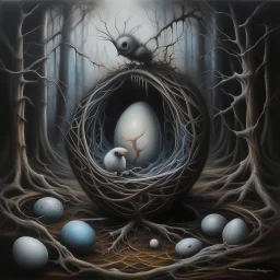 Doolally Trap nightmare anathema, eerie egg machinations, surreal, sinister, scary, profound, dramatic, acrylic painting