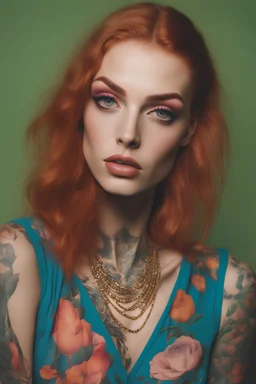 Beautiful Arab woman, petite, short, big eyes and lips, vibrant color, neck tattoo and full sleeves tattoo, thin, tattoos connected, Full coverage chest tatoo, tattoo style complex and colorful and large drawings by (petra collins|roe ethridge, elllen von unwerth, Jan Saudek)