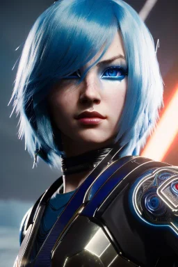 Smirking Cyborg anime assassin, light blue hair, blue eyes, waist up portrait, 8k resolution, intricate details, ornate details, soft lighting, vibrant colors, retroanime, masterpiece, intricate eyeliner, dark eyeshadow, eyes, intricate tattoos, futuristic cityscape background
