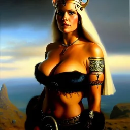 portrait of beautiful busty viking queen painting by Brom , oil on canvas, cinematic composition, extreme detail,fit full head inside picture