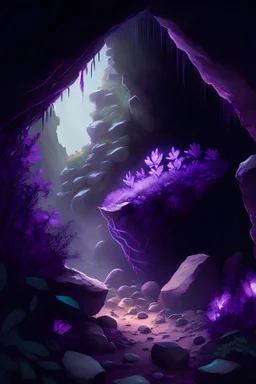 A cave radiating with violet plants and stones