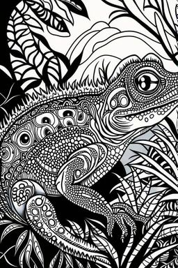 DRAW TO COLORING OF A CHAMELEON ON A JUNGLE, BLACK AND WHITE CARTOON STYLE, LOW DETAILS, THICK LINES, NO SHADING LINES