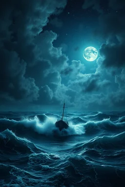 Bosch painting nightmare , a boat in a high waves in the middle of the ocean in dark storm and thunders starry night in the cloudy sky with a dim full half moon covered by clouds , cinematic scene, great photography, 8k , high quality