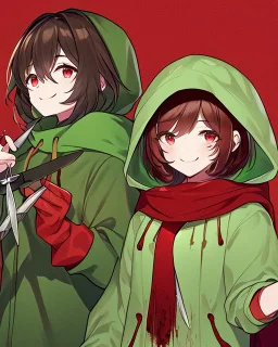 Short brown hair, green hooded blouse, red scarf, dark reddish background reminiscent of blood, holds a knife and smiles madly, and has red eyes that glow in the darkShort brown hair, green hooded blouse, red scarf, dark reddish background reminiscent of blood, holds a knife and smiles madly, and has red eyes that glow in the dark