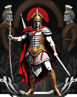 Art illustration lineal art Aquiles héroe de la guerra de Troya calidad ultra, hiperdetallado, 12k, fondo negro, color blanco, rojo, negro y marrón full body