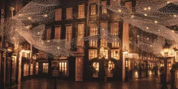 Diagon Alley in christmas night, short snow flakes, many three, Christmas decoration, Christmas light, high contrast, best quality, 8k, hight detailed, 3d, render, lumion, shooting star, intricate,