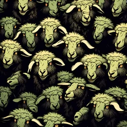 pattern of zombie black sheep heads biting each other, street art style, cartoony, rembrandt lighting