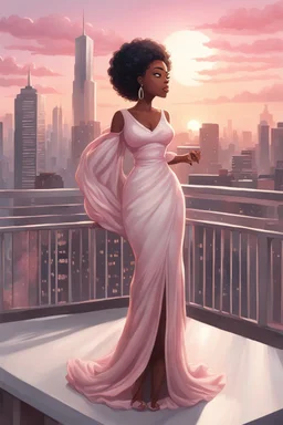 The scene opens onto a serene balcony overlooking a bustling city skyline. The sky above is painted in soft hues of pink and gray as the sun begins its descent, casting a warm glow over everything it touches. In the foreground stands a captivating figure, airbrush chibi cartoon curvy black woman exuding confidence and elegance. She is adorned in a flowing white knit maxi dress that hugs her curves in all the right places, accentuating her silhouette. Her choice of footwear is equally stunning