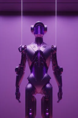 a cyborg watching a mural in a museum art gallery, purple shining lights, octane render, detailed