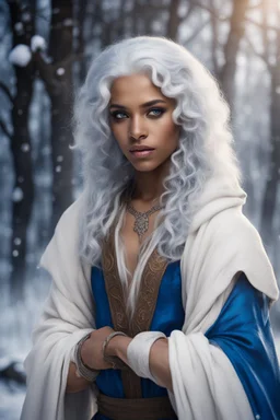 young mulatto sorcerer of twenty years old, blue eyes, snow white hair,