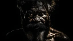 man with black face and beard, dramatic portrait, aboriginal hood, indigenous man, new guinea mud man, scary portrait, epic anthropological photography portrait