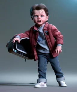 Marty mcfly toddler, full body, delorean, dramatic lighting, hyper realistic