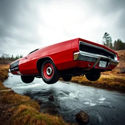 digital photograph, dramatic angle of dukes of hazard's 1969 red dodge charger with "01" on door jumping over a small river