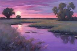 Purple sky, one planet in the horizon, weeds, cliffs, rocks, puddle, 2000's sci-fi movies influence, wilfrid de glehn, jenny montigny, and rodolphe wytsman impressionism paintings