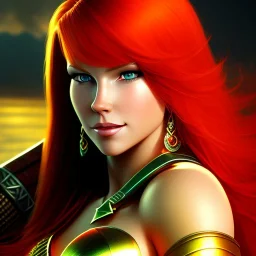 fullbody portrait of Red Sonja , attractive, fiery hair, orange color theme, rage background, clear focus, high resolution