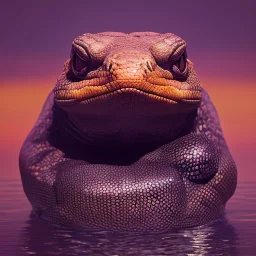 Floating in a sunset black monitor lizard with a flower crown on and bubbles floating around