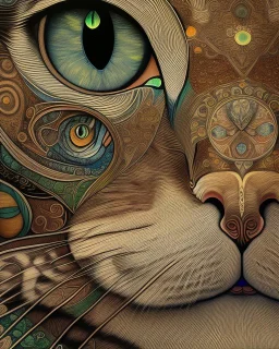Detailed Surreal Portrait of Oriental blue and white tabby cat, with a triangular slender white face, large ears and green eyes by Gustav Klimt muted colors.