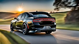 A sleek (((Dodge Charger G Wagon))) with a majesticly curved rear, cutting through a (sunny, open countryside) backdrop