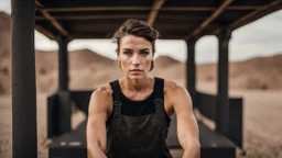 beautiful caucasian female technician, black tank top, well toned muscles, scratched sand camo metal details, short brunette wavy bob haircut, dystopian, desert scene