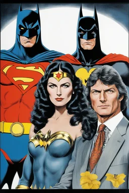 an extremely muscular version of the Michael Keaton Batman and the Christopher Reeve Superman Standing back-to-back with the Lynda Carter Wonder Woman Standing in the Middle,