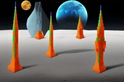 One mile tall plastic city Towers on the moon made out of stacked Rubik's Cubes, Orange, white, blue, green. Jewel tones