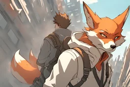 A human being in the form of a fox, not a human being, a short nose, Features of a male fox, serious features, character specifications are enthusiastic, emotional and somewhat selfish, high quality, the character is a fighter, war, the background is a developed but destroyed city, Cinematic shot, scary shape, multiple colors, high contrast, professional anime drawing ، 4K .