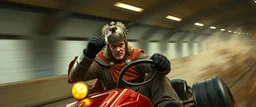 train gokart Mozart crusader with gloves bewildered looks beyond really powerful, fantasy illustration in the style of Rembrandt, motion blur background